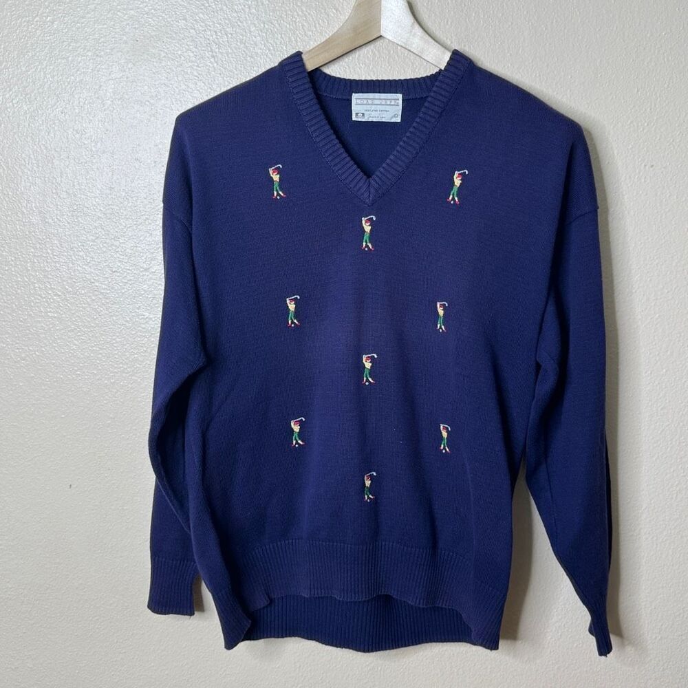 Lord Jeff Sweater Men L Blue Vneck Knitted Embroidered Golfers Pullover Vintage